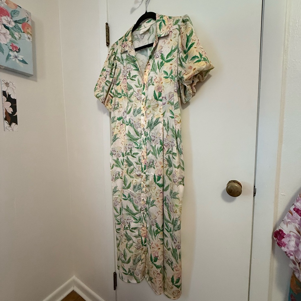 MELLODAY Botanical Green and Cream Maxi Dress